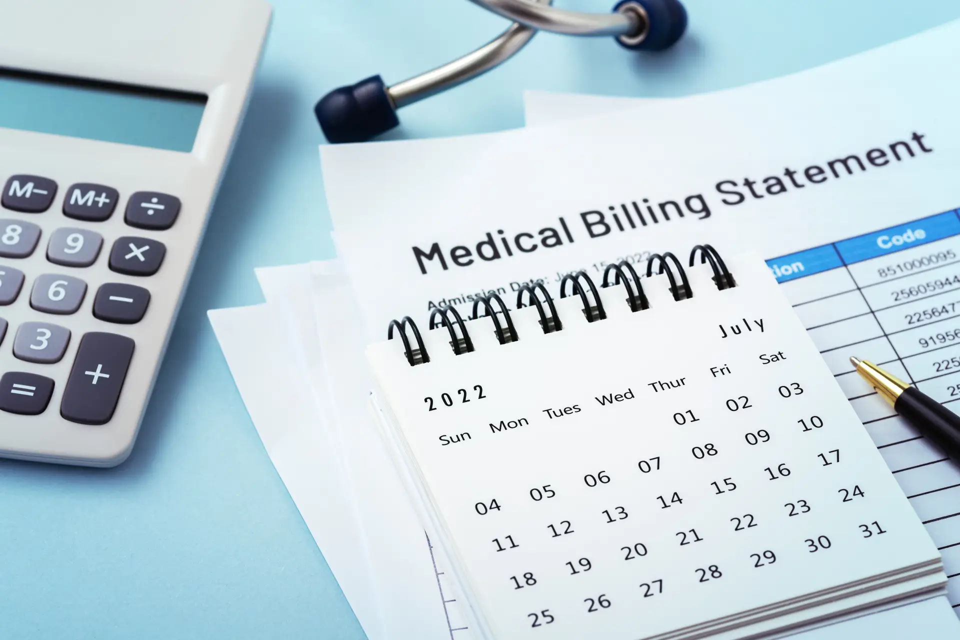 Calendar on medical bills with calculator, healthcare payment on blue background